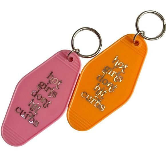 Orange Motel Room Keychain Holographic print says “hot girls don’t hit curbs” - Picture 4 of 7